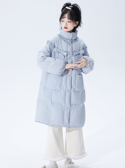 Cut Ribbon Stand Collar Medium Down Jacket