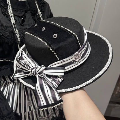 【10月3日予約締切】Black/White Elegant Gothic Series Accessories(Black Butterfly Print Striped Ribbon Hat, Black Rose Ribbon Brooch, Ribbon KC, Hair Clip Pair, Bonnet)