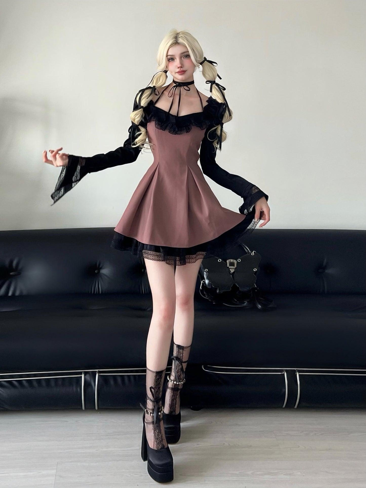 Choker Ribbon Black Lace Girly Layered Dress 