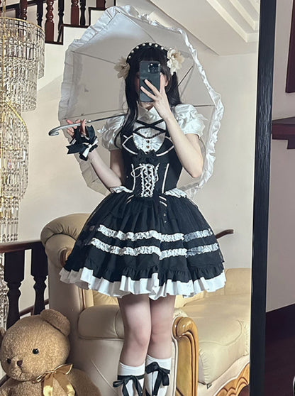 White Black Magic Elegant Antique Doll Dress