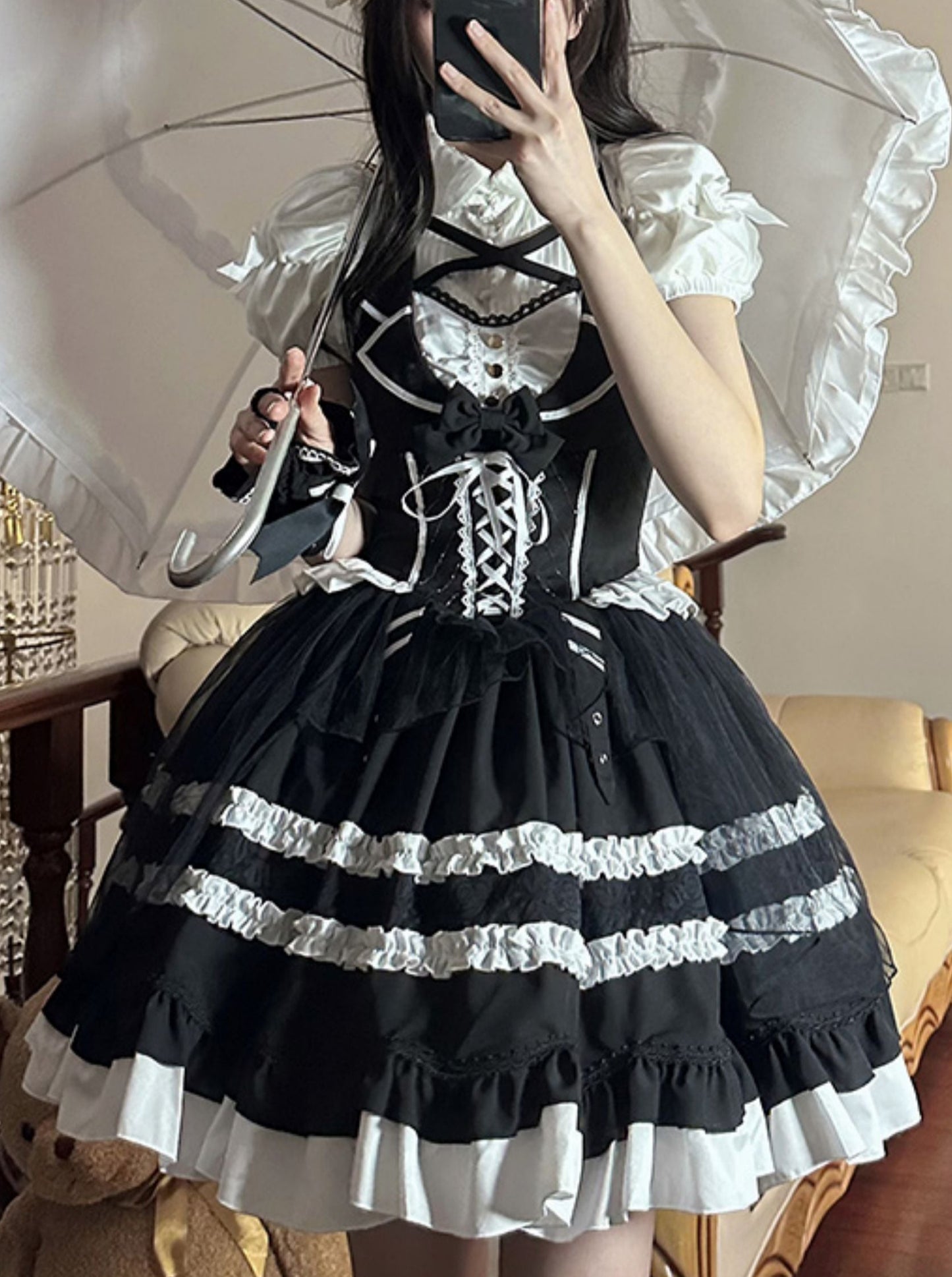 White Black Magic Elegant Antique Doll Dress