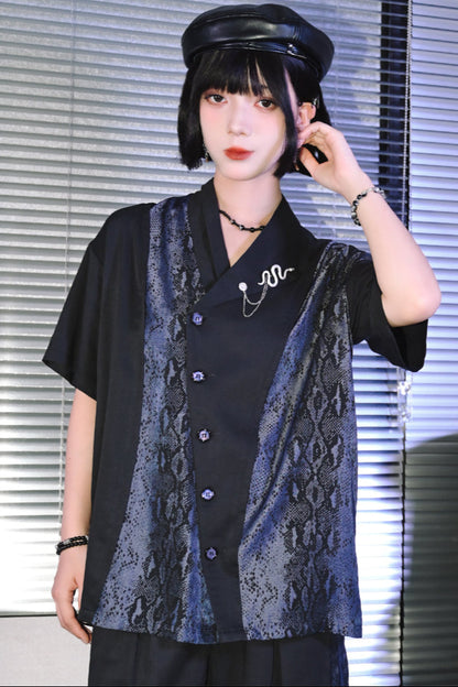 アシンメトリーカラーチャイナスネークプリントシャツ