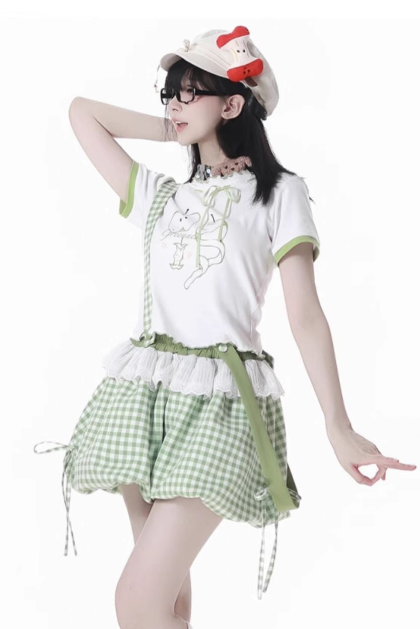 Blue Apple Vibe Top + Suspender Skirt + Wide Pants