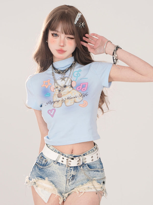 キュートリトルドッグプリントアメリカンハイネックショートTシャツ【予約商品】