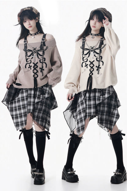 One-Shoulder Ribbon Top + Checked Asymmetrical Skirt