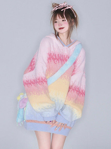 Pastel Color Lazy Loose Pullover Hooded Knit Sweater