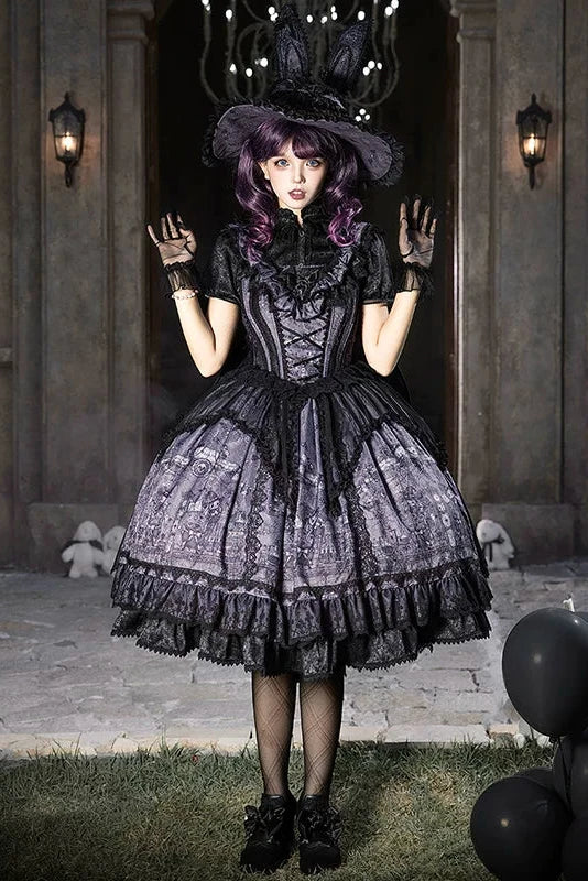 【10月30日予約締切】Purple And Black Gothic Lolita Dress Complete Set [Bunny Ear Hat Version/Witch Hat Version] (Witch Print Bustier Dress + Black Short-Sleeved Blouse + Bat Wing Back Train + Detachable Princess Sleeves)