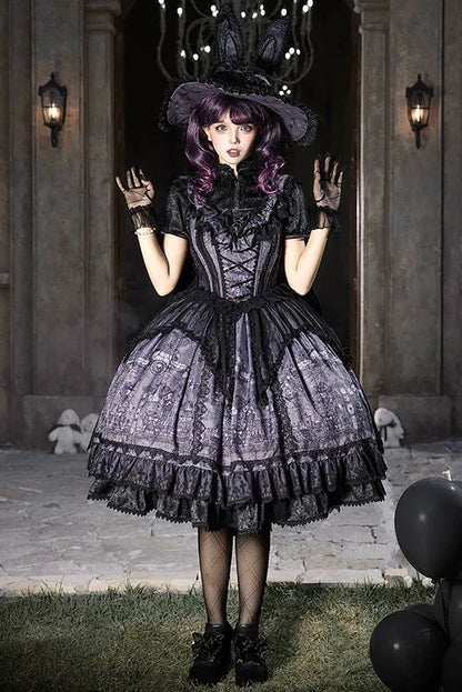 【10月30日予約締切】Purple And Black Gothic Lolita Dress Complete Set [Bunny Ear Hat Version/Witch Hat Version] (Witch Print Bustier Dress + Black Short-Sleeved Blouse + Bat Wing Back Train + Detachable Princess Sleeves)