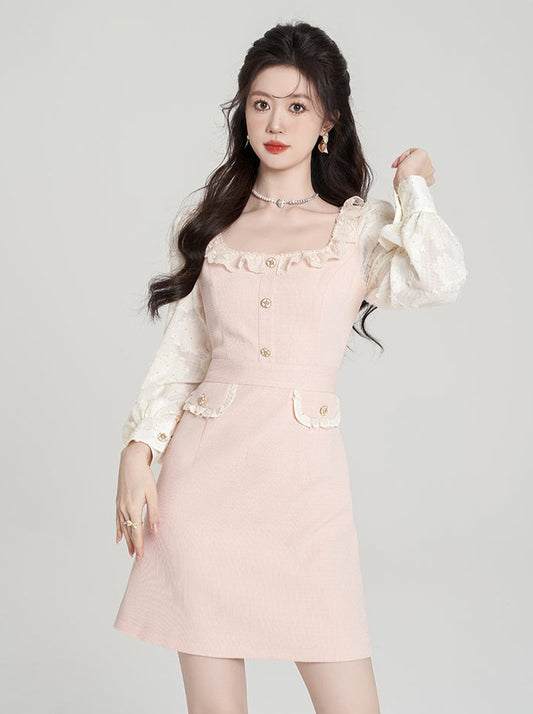 Fake two pink square neck dress women's long sleeve spring new fungus edge cinched waist french sweet princess skirt