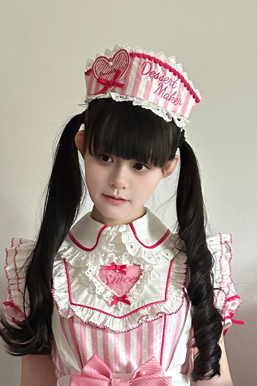 【6月18日予約締切】ピンク/ ブルー/ブラックスイートメイドロリータキャンディストライプシリーズアクセサリー（ナースハット・カチューシャ・エプロン・ヘアクリップ・リストカフス）