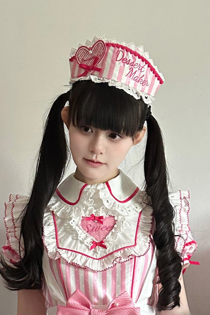 【6月18日予約締切】ピンク/ ブルー/ブラックスイートメイドロリータキャンディストライプシリーズアクセサリー（ナースハット・カチューシャ・エプロン・ヘアクリップ・リストカフス）
