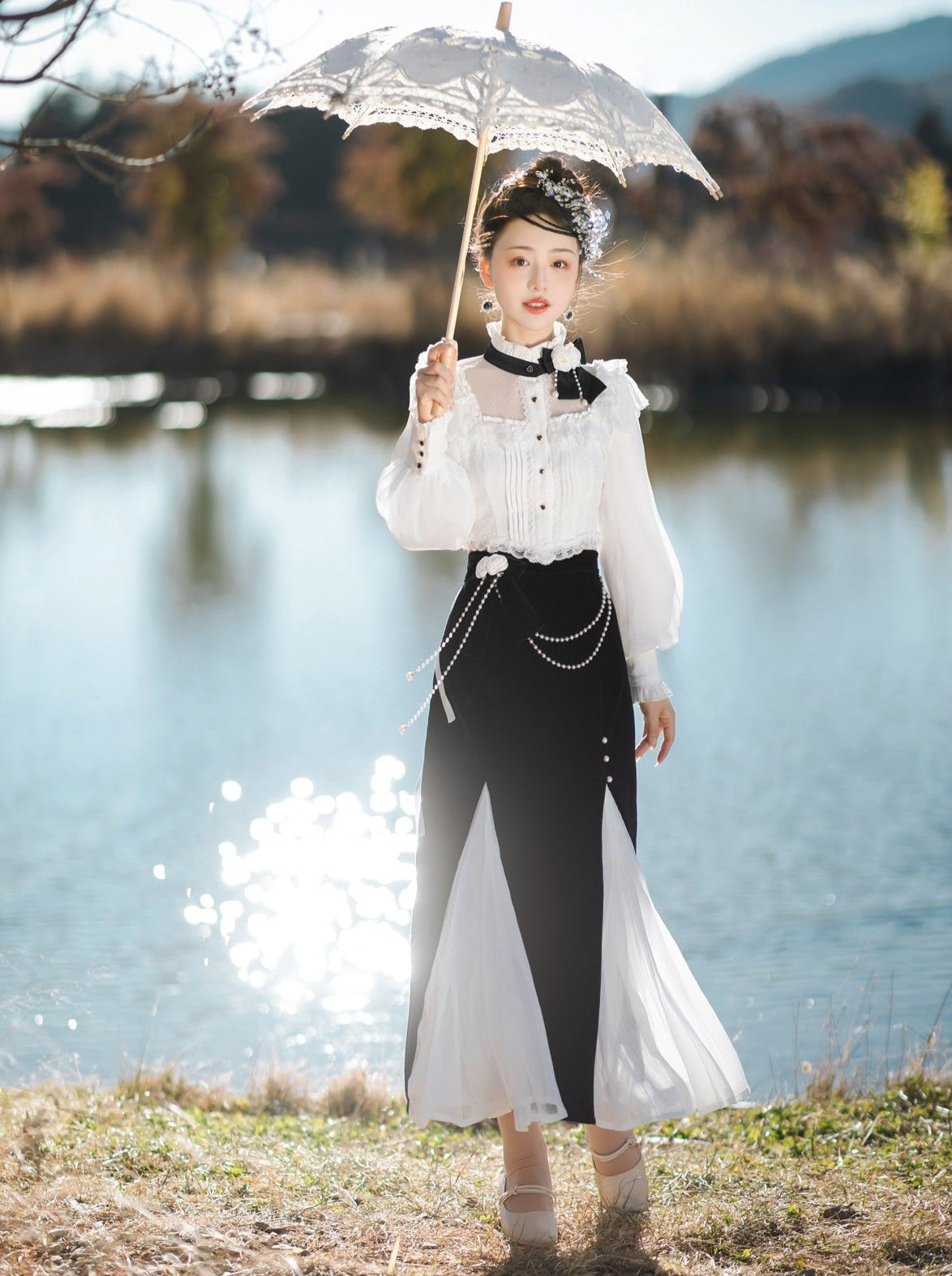 Ruffle high neck blouse + velvet pleated long skirt