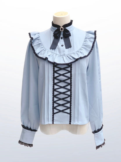 Lace Stand Collar Ruffle Mine Ribbon Shirt