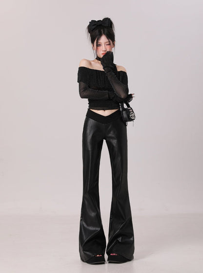 Leather design long flare pants