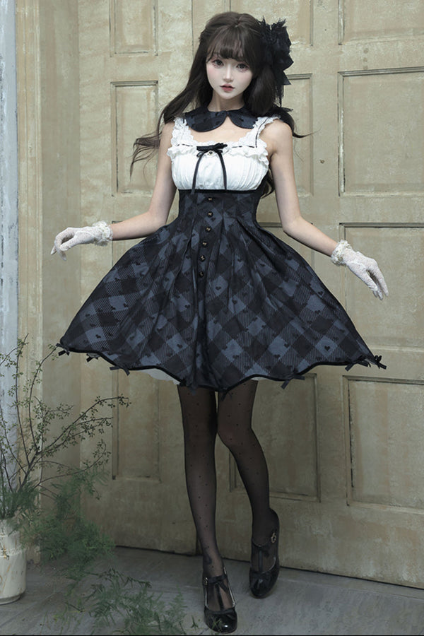 サイレントブラックレディロリータプリンセスジャンパースカート＋クロップドトップス