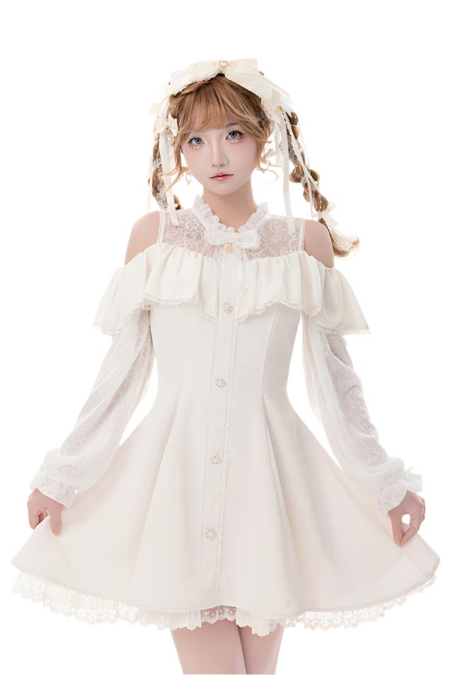 [Reservation product] Race frills off -shoulder dress