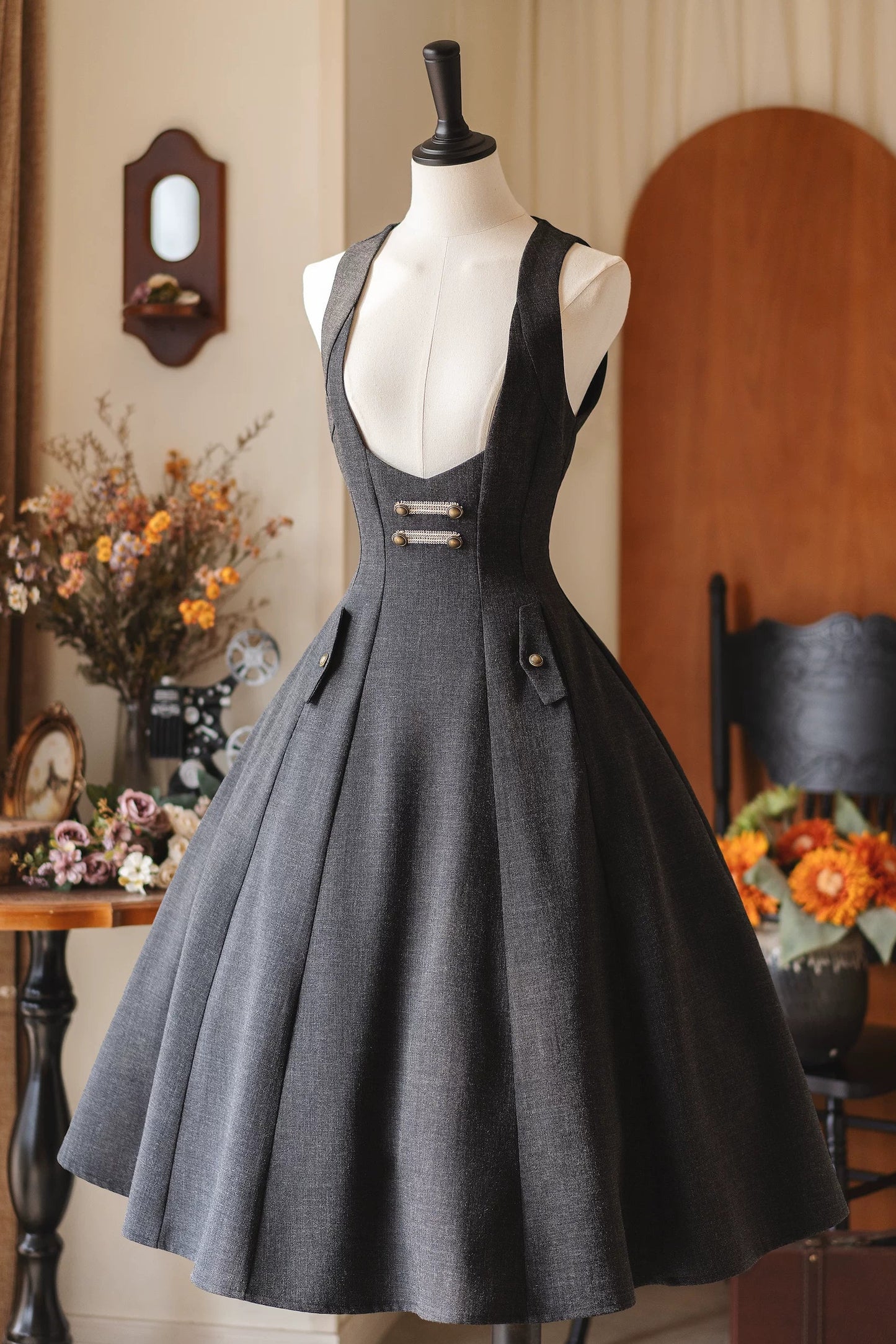 레트로 웨이스트 신칭 서스펜더 스커트