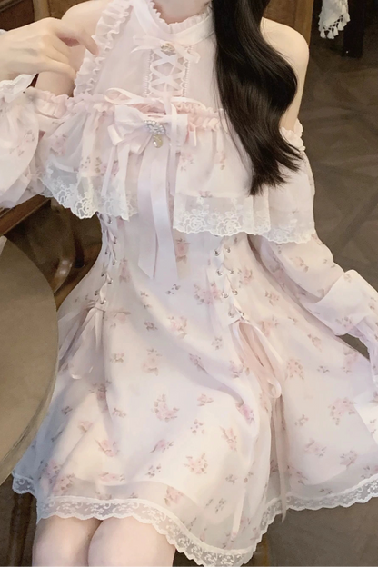 【8月30日予約締切】Pink floral chiffon lace jewel ribbon open shoulder long sleeve dress (short length/long length)