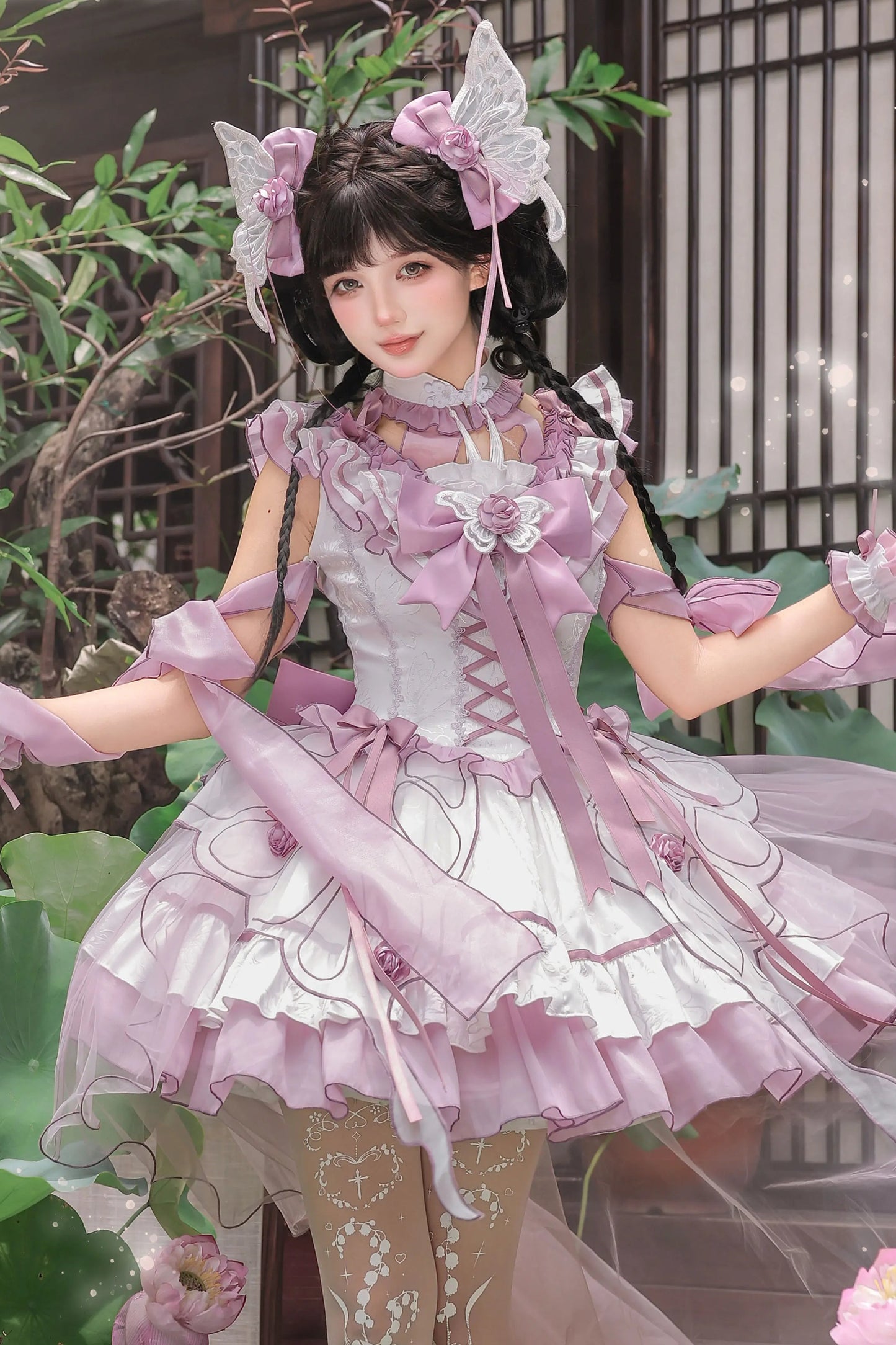 【8月18日予約締切】蝴蝶フェアリーチャイナロリータエンブロイダリーリボンレイヤードドレスコンプリートセット