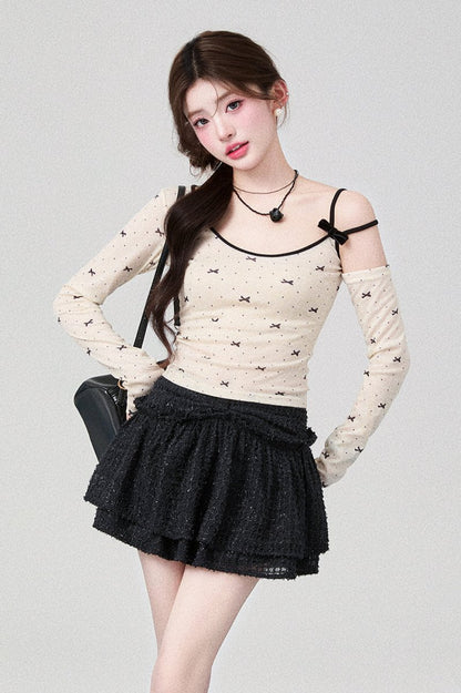 Suspender Off-Shoulder Long Sleeve Top