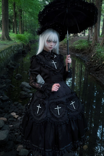 【12月12日予約締切】Night Crossダークエレガントゴシックロリータジュエルリボンケープ＋ロングドレスセット