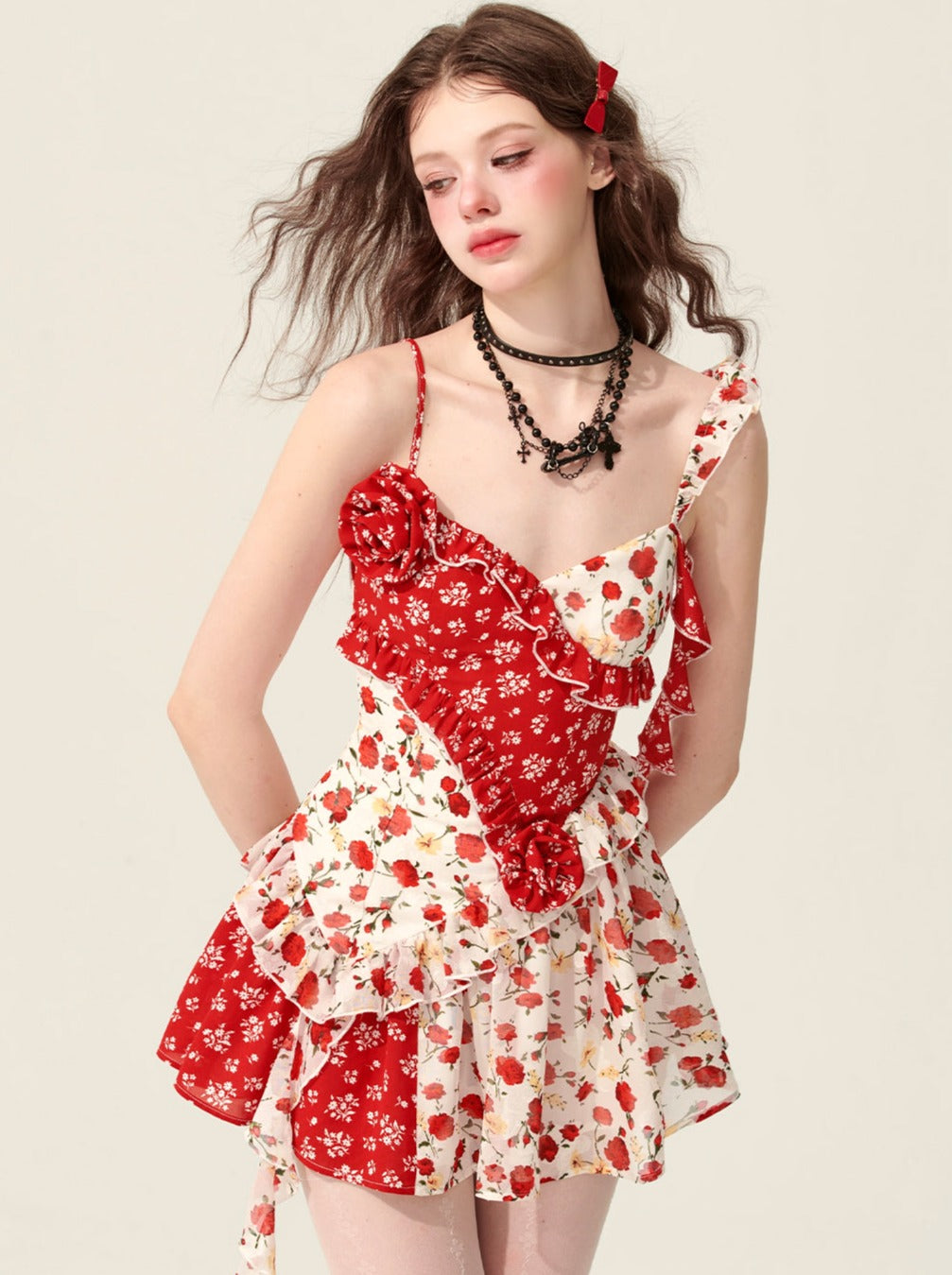 [31 mai à 20 heures en vente] moins d'yeux rose fantaisie rouge couture design floral robe été