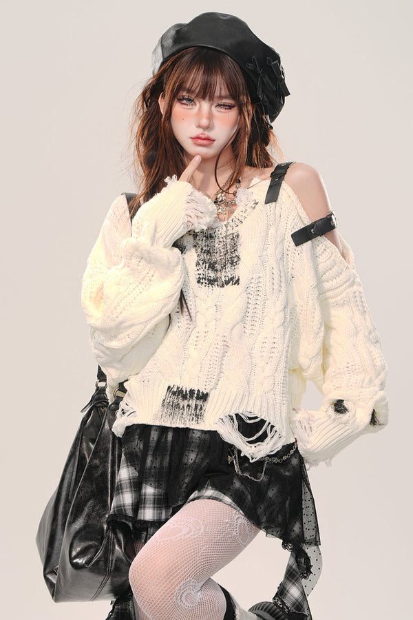 コリアンスタイルオフショルダーニットカットアウトトップ