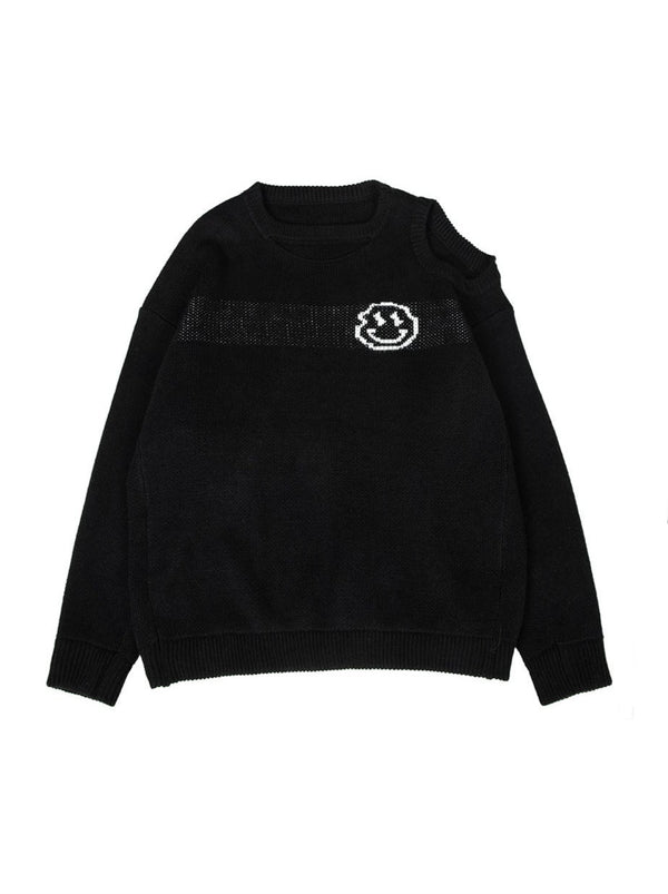 Smiley Face Off-Shoulder Loose Knit Sweater