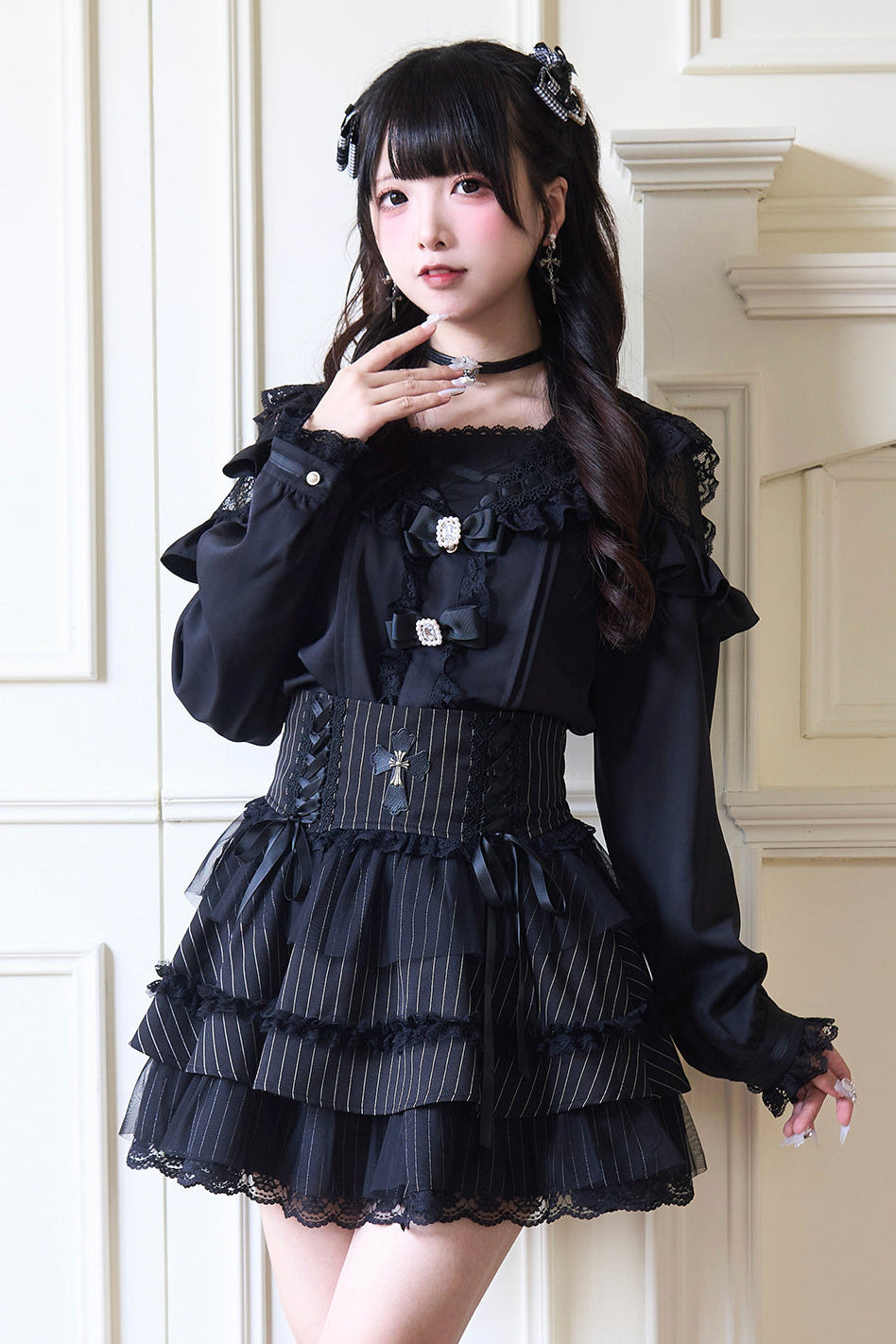 Sailor collar lace ribbon shirt