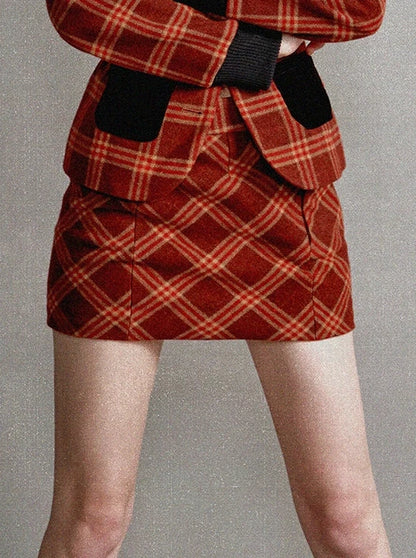 American Retro Red Check Blazer Skirt Two Piece Suit