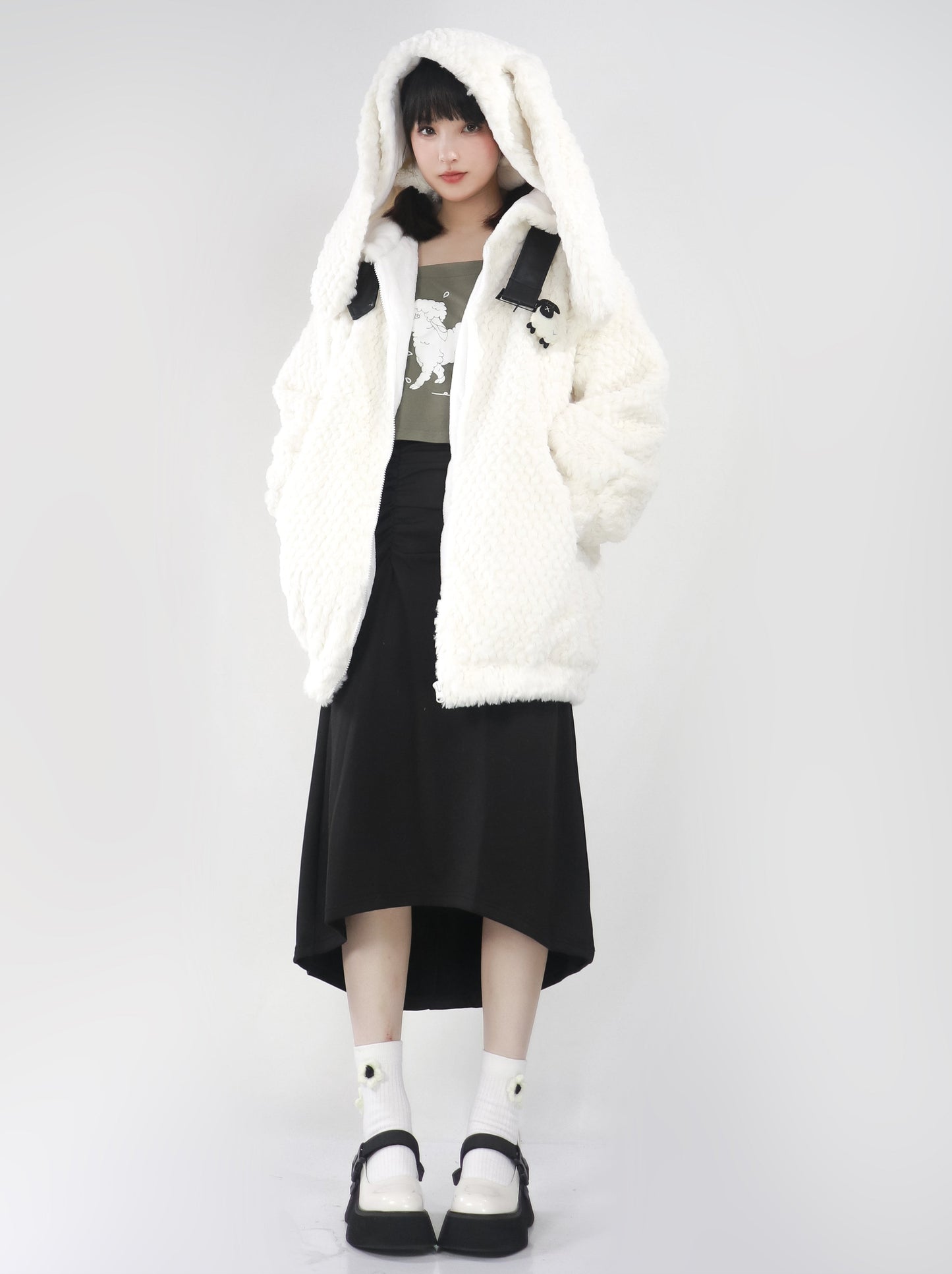 Bunny ears hoodie & sailor faux fur coat + off the shoulder sheep print top + skirt