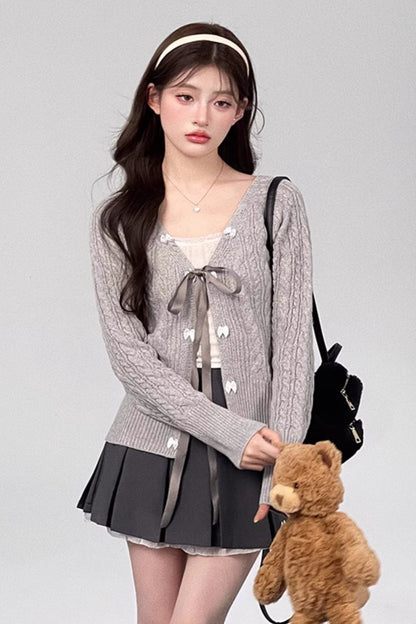 Bell Design Bow Knit Cardigan + Lace Pleated Skirt