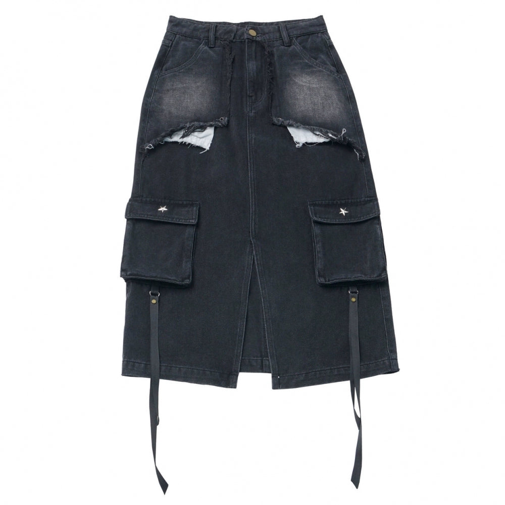 アシメボーダーセーター+デニムスカート