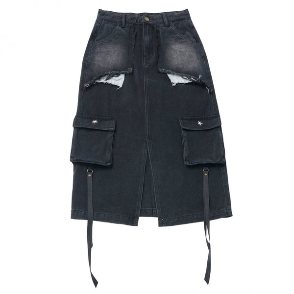 アシメボーダーセーター+デニムスカート