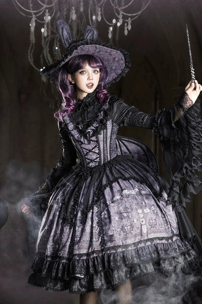 【10月30日予約締切】Purple And Black Gothic Lolita Dress Complete Set [Bunny Ear Hat Version/Witch Hat Version] (Witch Print Bustier Dress + Black Short-Sleeved Blouse + Bat Wing Back Train + Detachable Princess Sleeves)