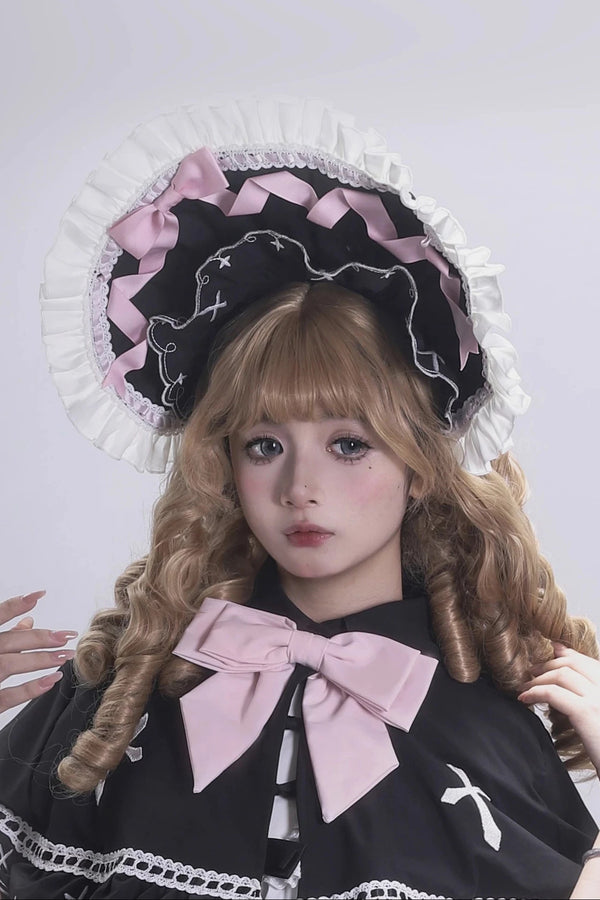 【10月4日予約締切】Four-color Gothic-style Sweet Lolita Cross Embroidery Ribbon Bonnet + Ruffle Scarf Headband