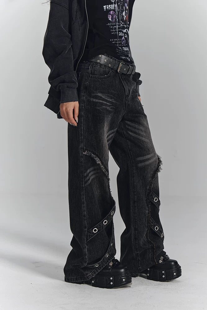 レトロウォッシュドフレイドジーンズパンツ