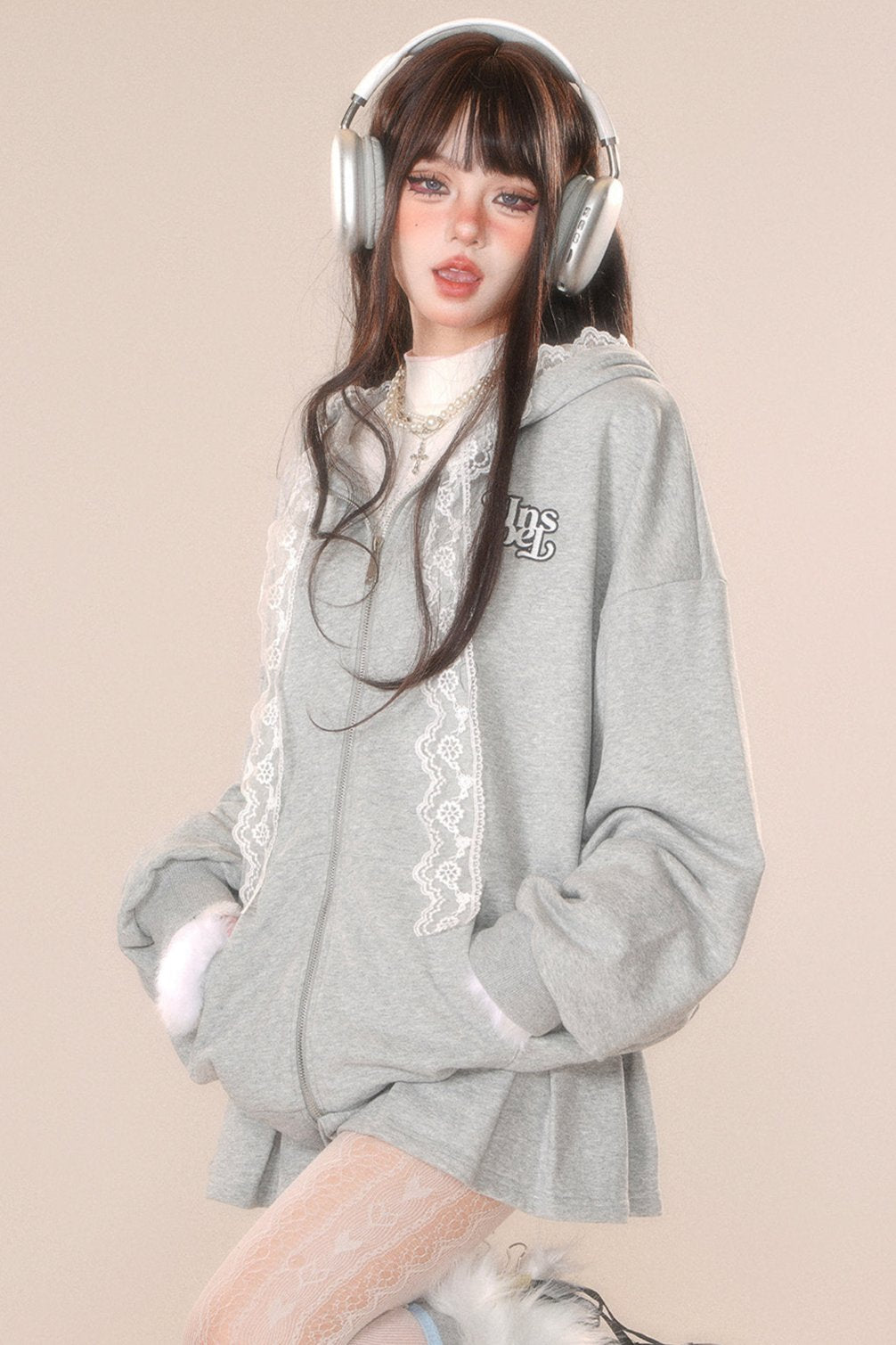 レースフーディースウェットシャツジャケット