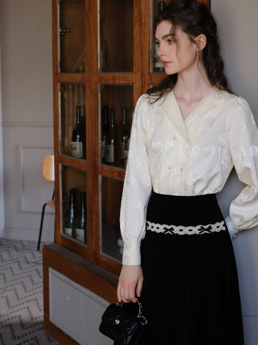 Flower Jacquard Blouse + Suspender Skirt