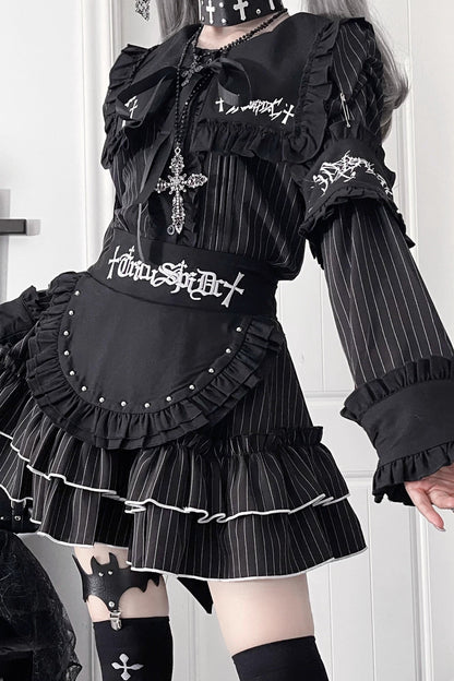 ライトアジアダークスリムロングスリーブトップス+フェイクエプロンショートスカート