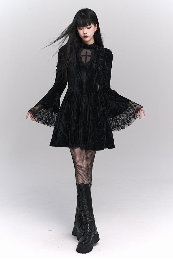 Retro Gothic Black Velvet Dress