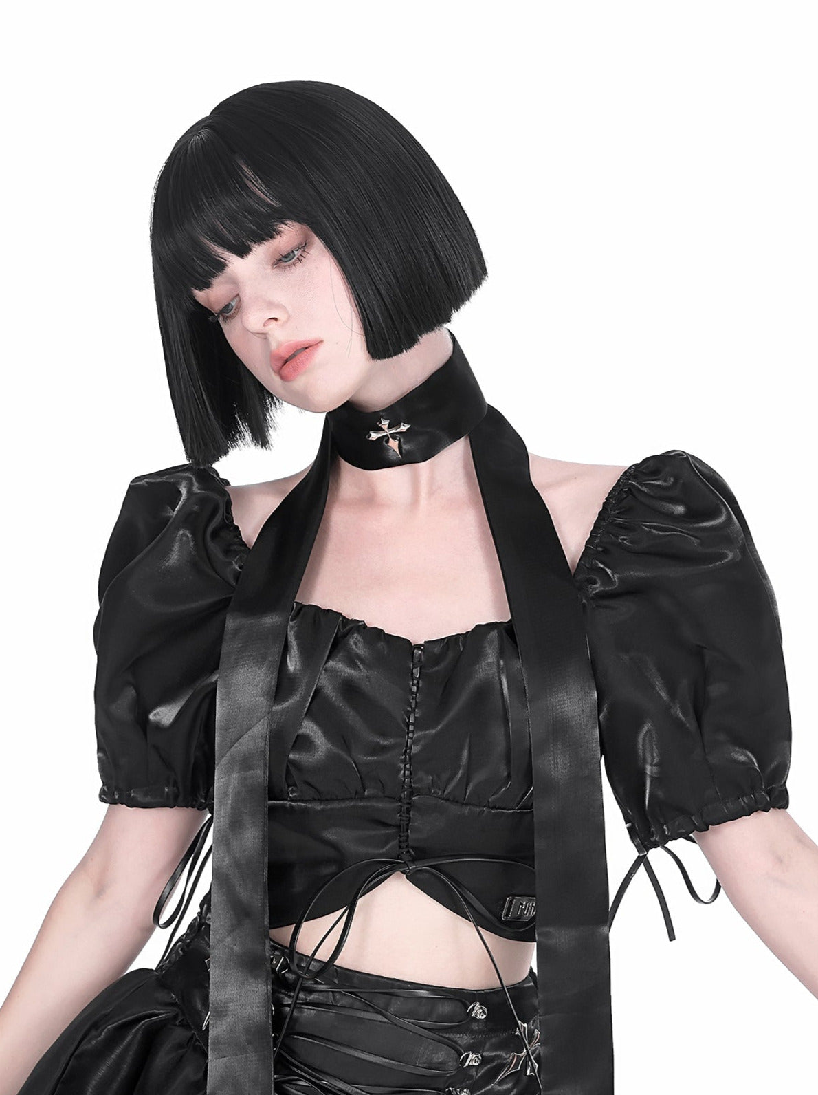 Cyberpunk glitter setup cross neck stole + puff sleeve short top + lace up tulle skirt