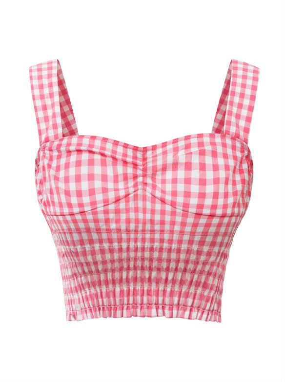 Peach Pink Grid Sweet Sous Vide Chest Top Skirt Pants Dress Set Up