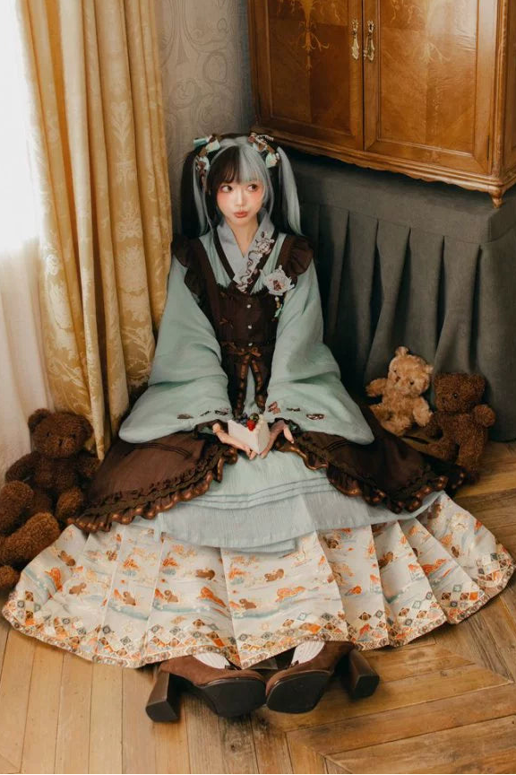 Mint chocolate china top + skirt + long skirt + accessories