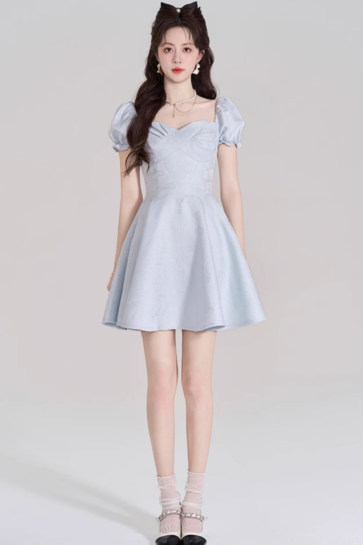 Blue Sweet French Puff Sleeve Dress