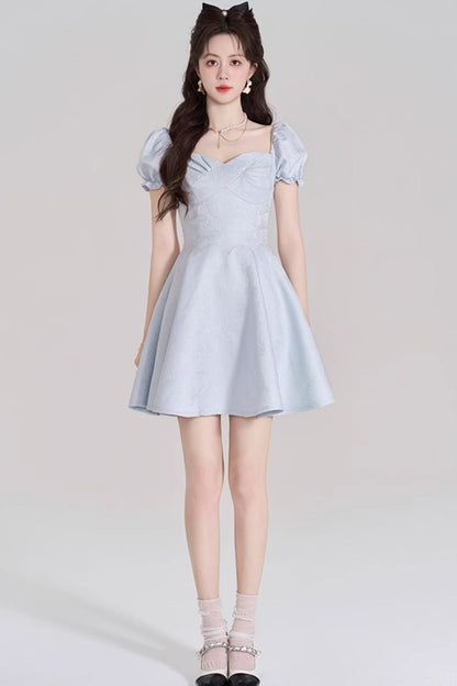 Blue Sweet French Puff Sleeve Dress