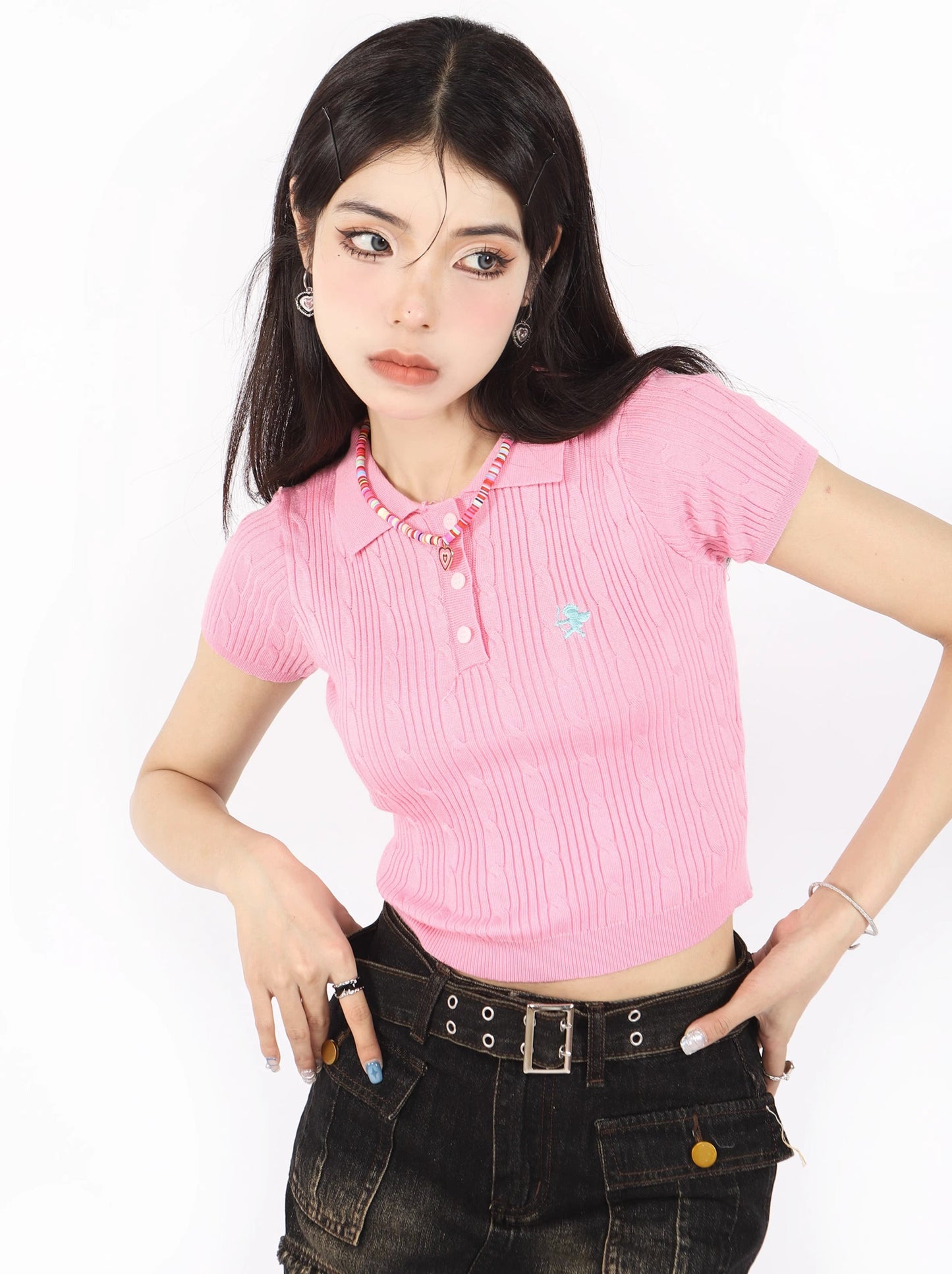 American retro short polo color knit T -shirt