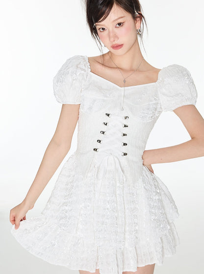 Blow Race Up West Puff Sleeve Tops + Flare Lace Skirt