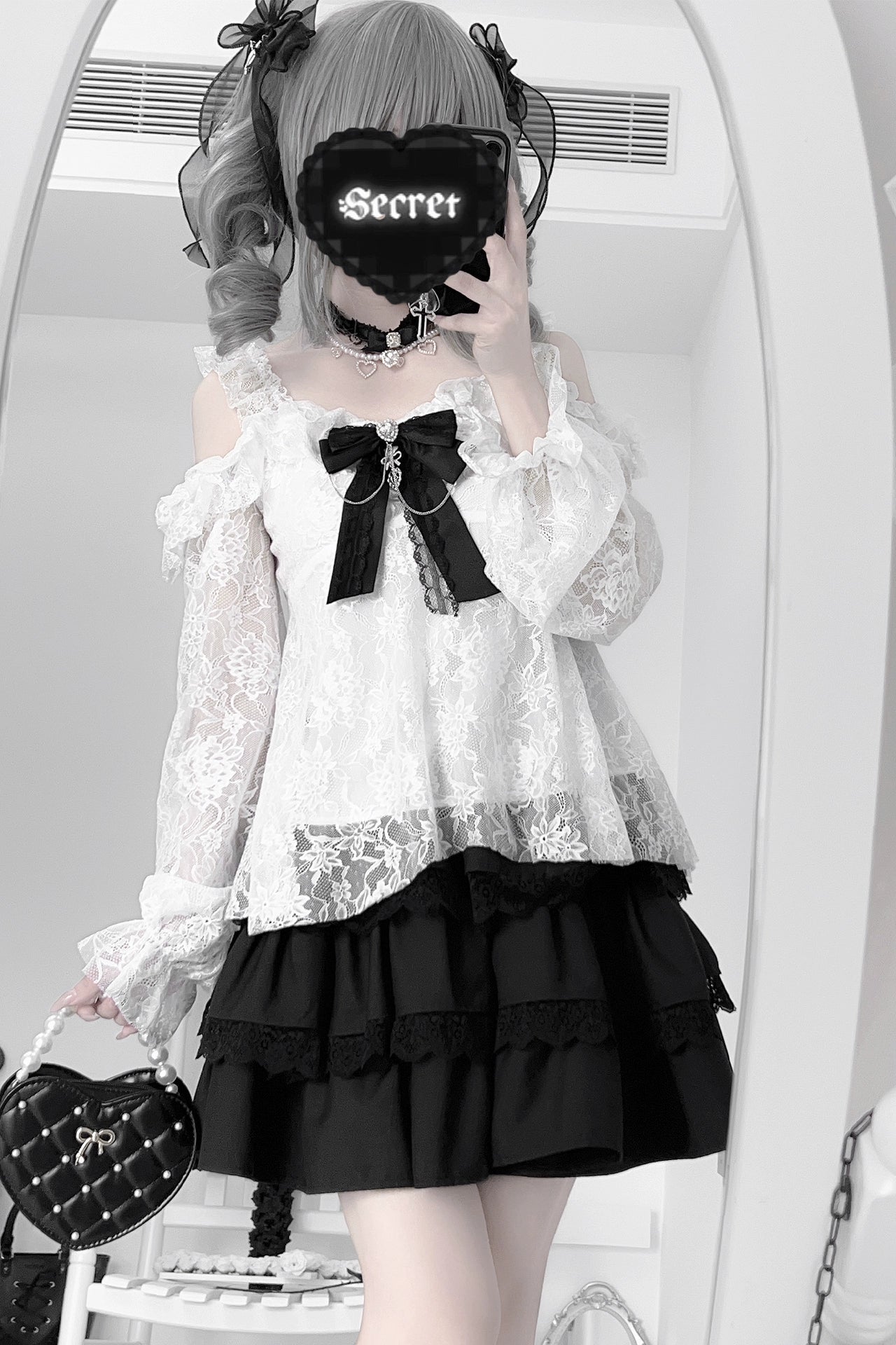地雷インナーシャツレースリボンノースリーブシャツ+ケーキスカート