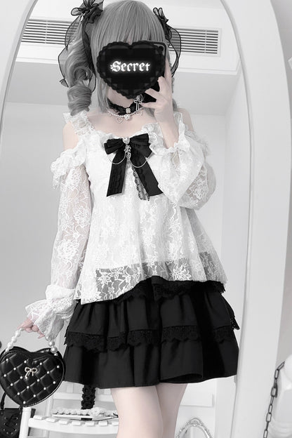 地雷インナーシャツレースリボンノースリーブシャツ+ケーキスカート